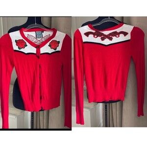 Too Fast Embroidered Cardigan Roses Guns Rockabilly Retro Limited Edition M